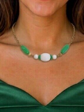 Green and White Beaded Gold-Tone Necklace